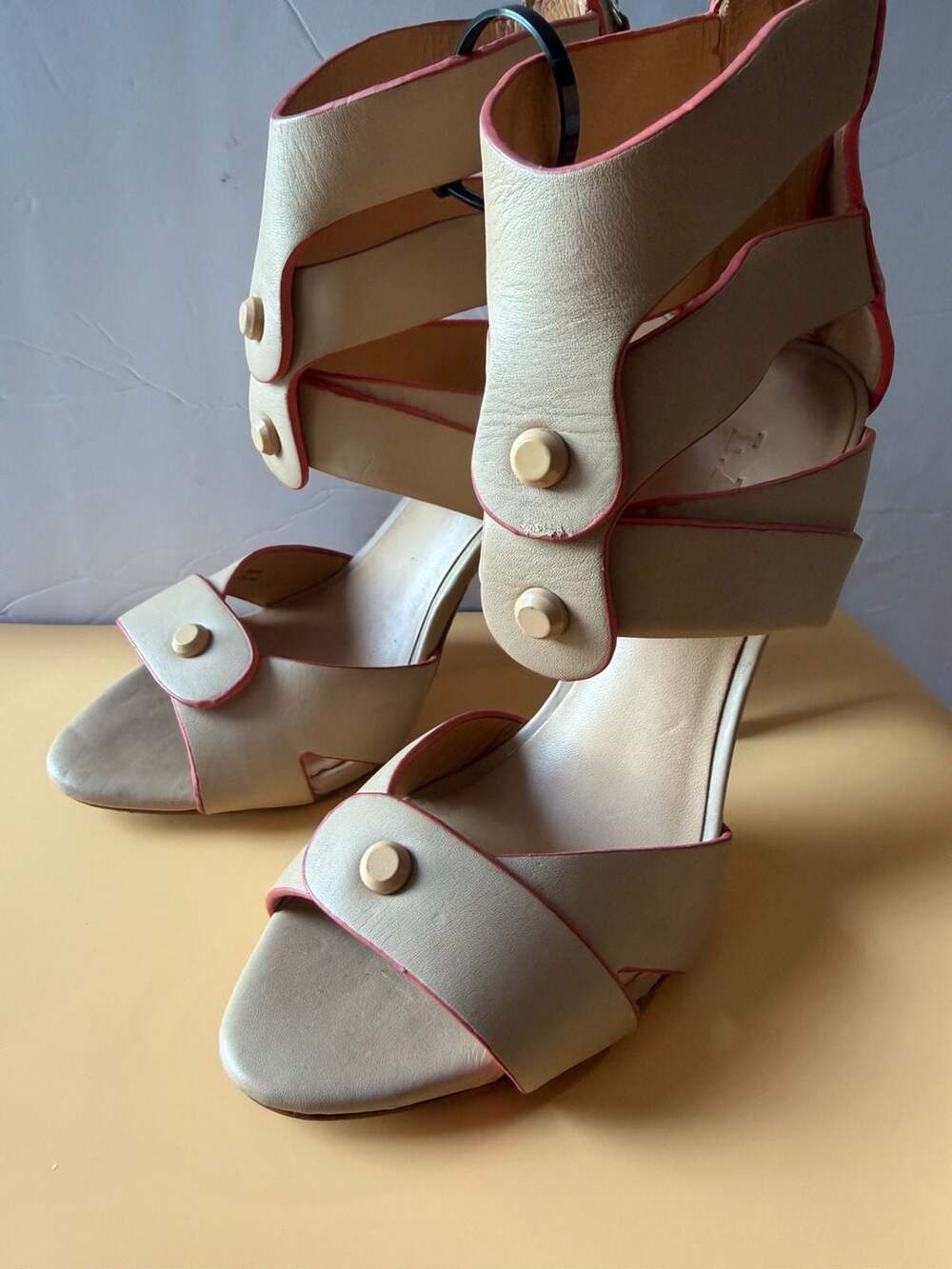 L.A.M.B. Beige and Pink Leather Strappy High Heel Sandals Size 6.5